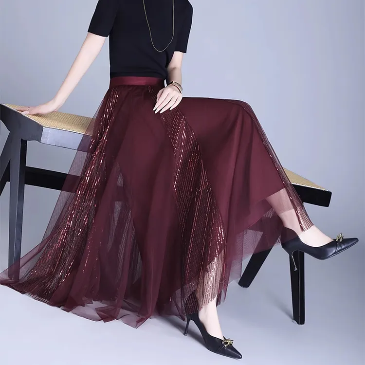 拉夏贝尔法式网纱亮片半身裙女2025夏季新款松紧腰垂感A字大摆裙