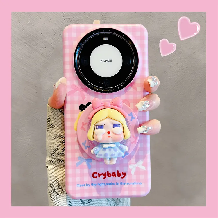 适用华为mate70pro+手机壳少女粉色格纹可爱卡通哭娃mate60pro女