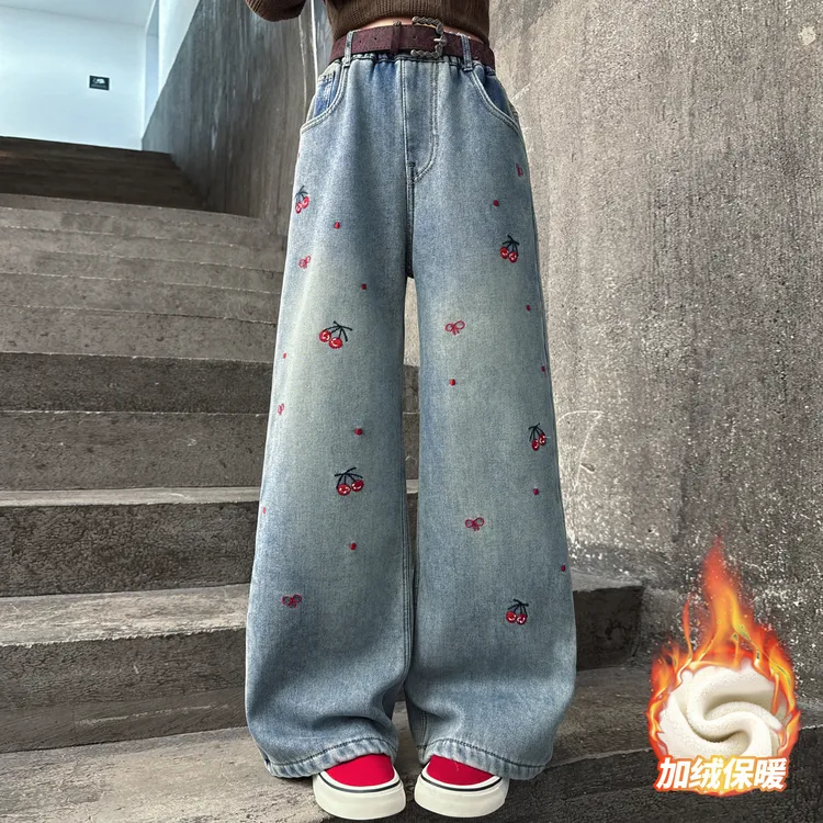 女童秋冬款裤子韩版休闲加绒加厚牛仔裤女大童儿童秋装直筒阔腿裤