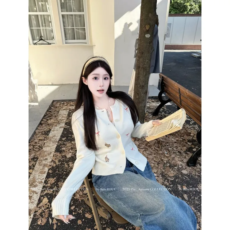【甜梦雾语】温与柔卡通小狗刺绣开衫毛衣外套修身显瘦百搭上衣