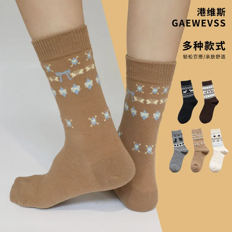 港维斯秋冬新款提花民族风动物保暖可爱风柔软舒适百搭吸汗中筒袜