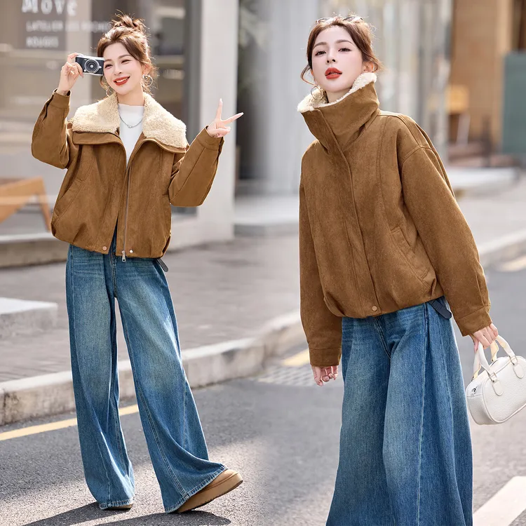 复古大翻领麂皮绒短款羽绒服女2025冬季新款休闲洋气小个子厚外套