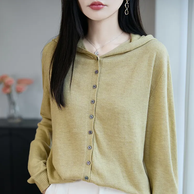 休闲连帽精纺羊毛针织开衫女卫衣春秋宽松减龄长袖叠穿带帽外套