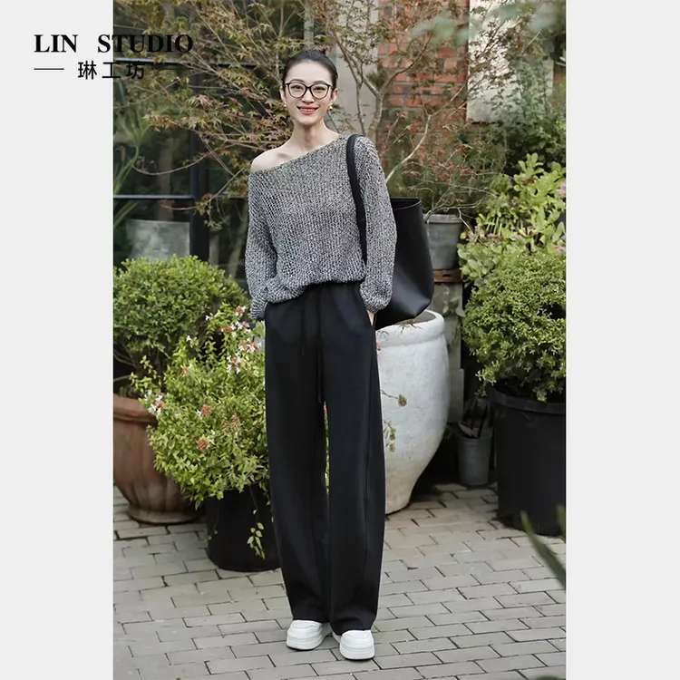 【碳黑】【裤子绵羊毛】琳工坊“沙渚”碳黑色长裤显瘦休闲唐琳设计师