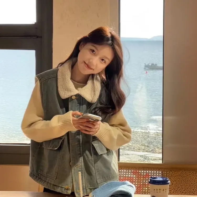 港味复古加绒牛仔马甲女秋冬高级感加厚气质羊羔绒马夹外套小个子