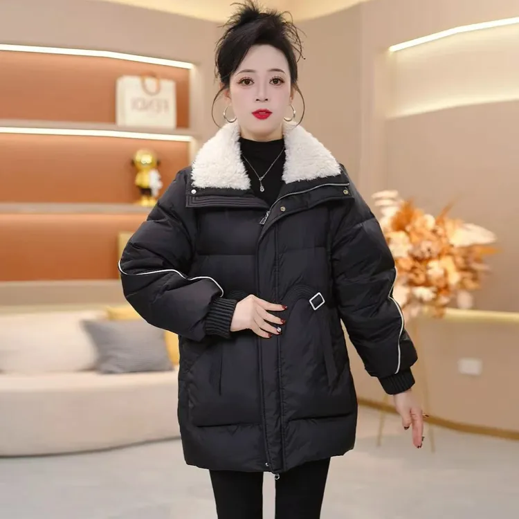 【羽绒服】冬季翻领中长款拼色保暖时尚加厚羽绒服新款宽松外套