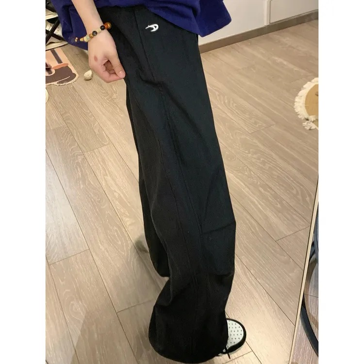 黑色刺绣冰丝工装裤男款夏季薄款直筒速干裤cleanfit褶皱伞兵裤子