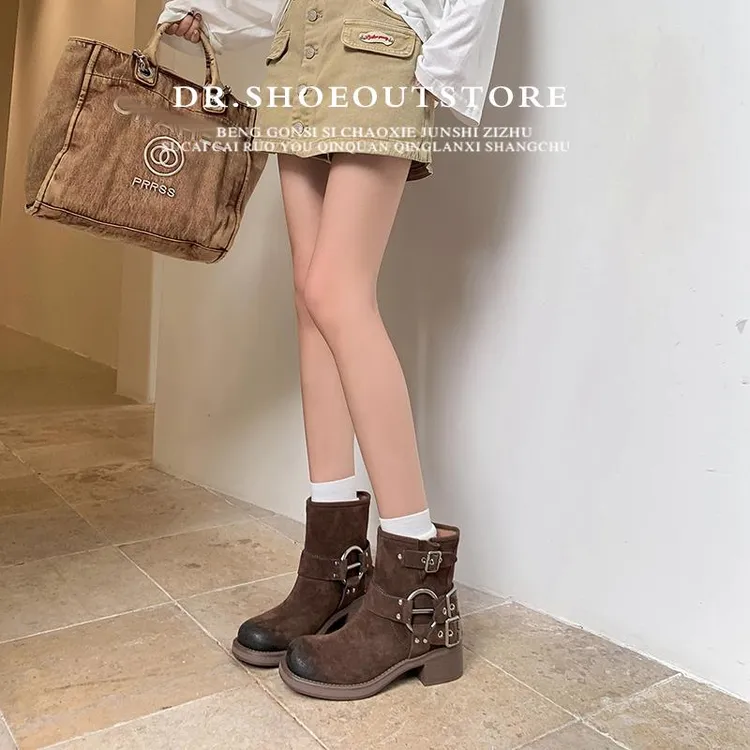 【DR官方正品】秋冬复古擦色磨砂DR英伦风短靴方头中粗跟金属扣DR