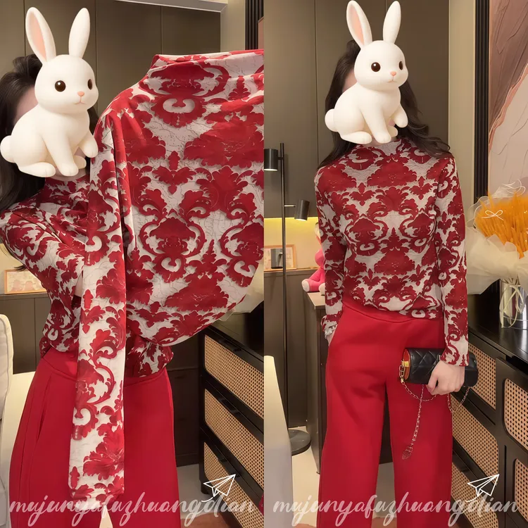 2025冬网红新款时尚小衫女洋气重工碎花寸领五分袖百搭显瘦打底衫