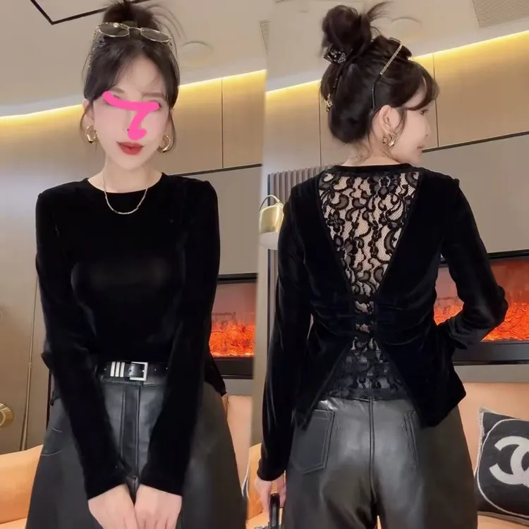 2025秋季新款【酷黑雅调】欧货高端蕾丝拼丝绒上衣3039
