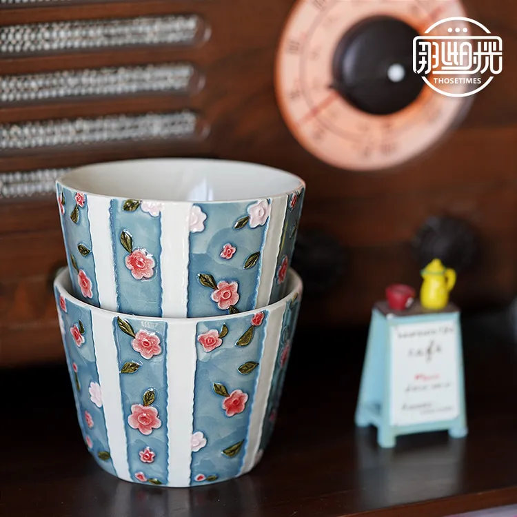 咖啡杯猪口杯日式复古手绘玫瑰高档精致釉下彩欧式下午茶杯拉花杯