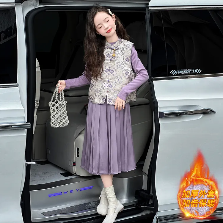 女童套装秋冬2025新款洋气儿童新中式国风马甲加绒加厚冬装三件套
