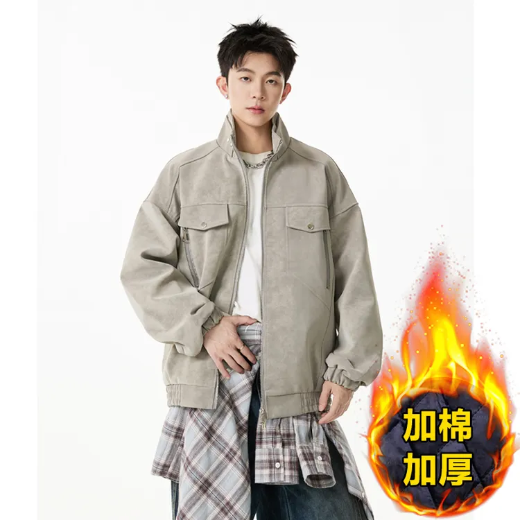 美式夹克外套男秋冬加棉加厚新款宽松百搭潮流皮棉衣立领工装上衣