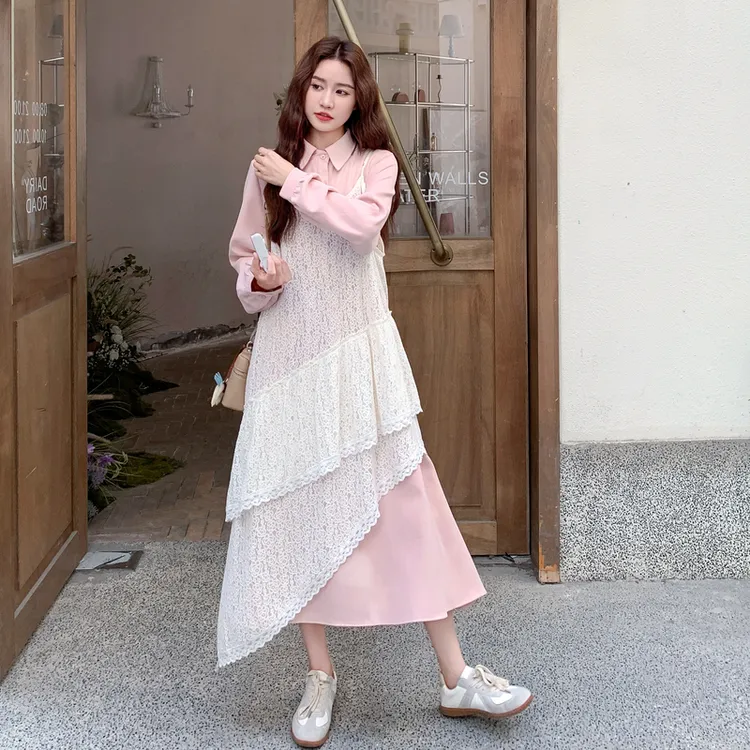 法式少女减龄衬衫连衣裙套装女2025秋季不规则蕾丝吊带罩衫两件套