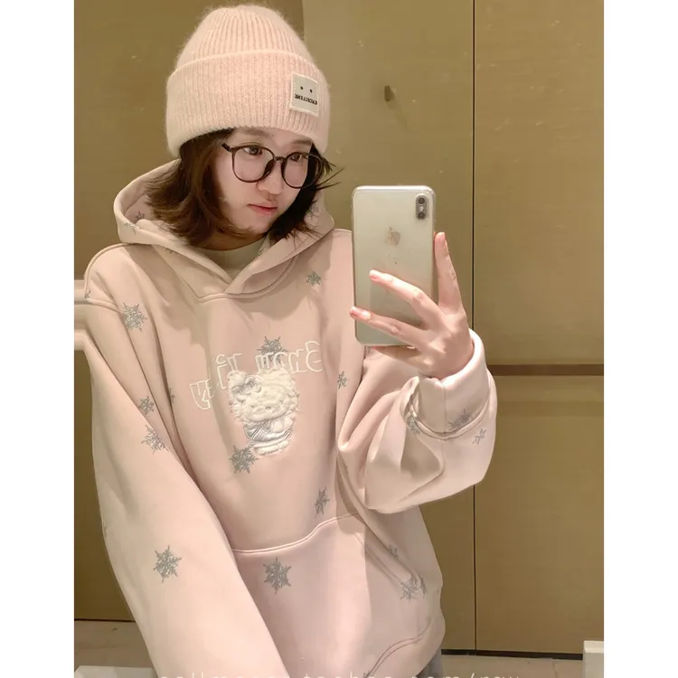 可爱卡通kitty猫刺绣粉色连帽卫衣女款秋冬加绒加厚雪花烫金外套