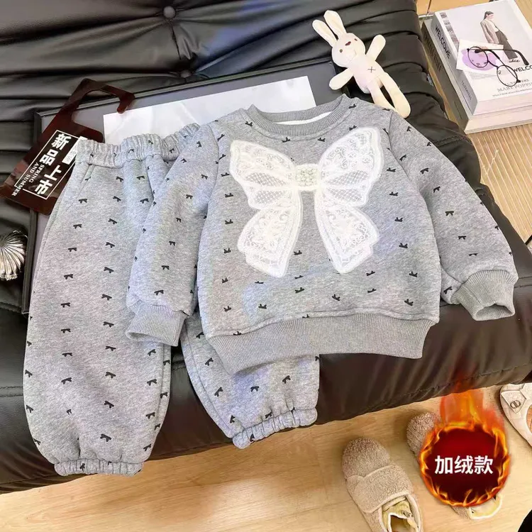 2025秋冬上新女童加绒加厚套装蝴蝶结洋气韩版两件套