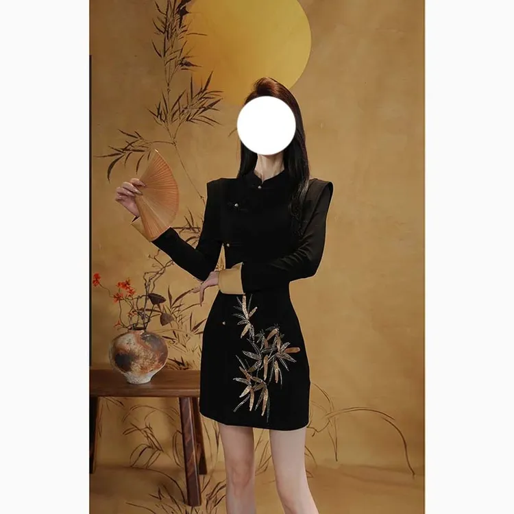 【有里布】新中式竹叶设计高级感改良旗袍连衣裙春秋季D3887