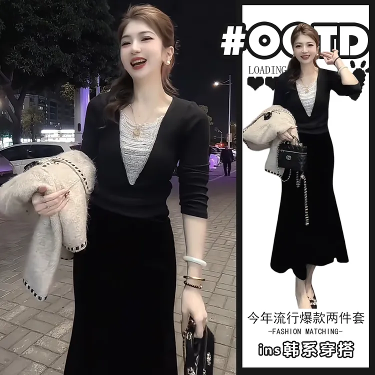 秋冬新款设计感别致拼接上衣黑色半身裙欧美纯欲显气质两件套装潮