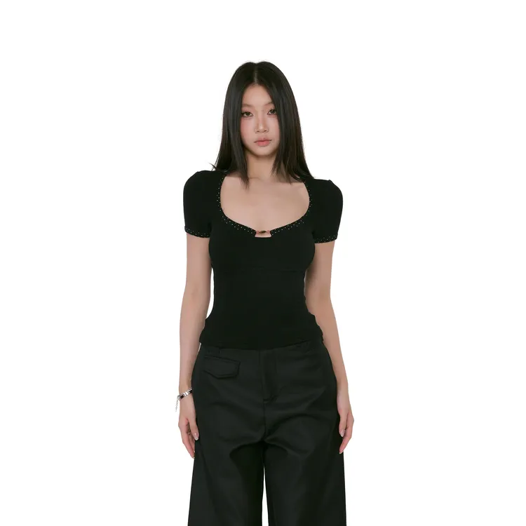 withmin凉皮 南法画廊 辣妹百搭U领短袖绑带收腰短款T恤女2523661