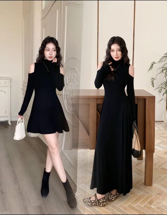 早秋设计感辣妹修身露肩长袖连衣裙女性感纯黑色半高领收腰显瘦A