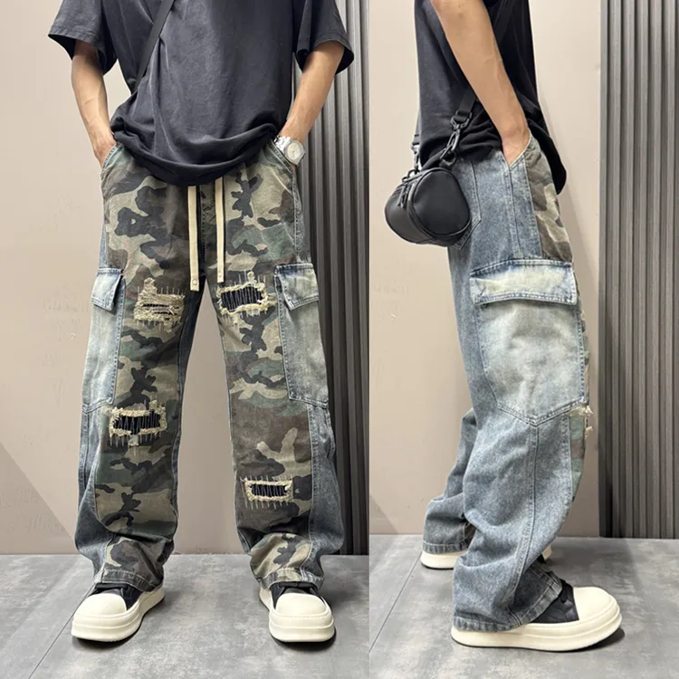 秋季高街美式破洞水洗复古男直筒设计感牛仔裤阔腿裤迷彩拼接长裤