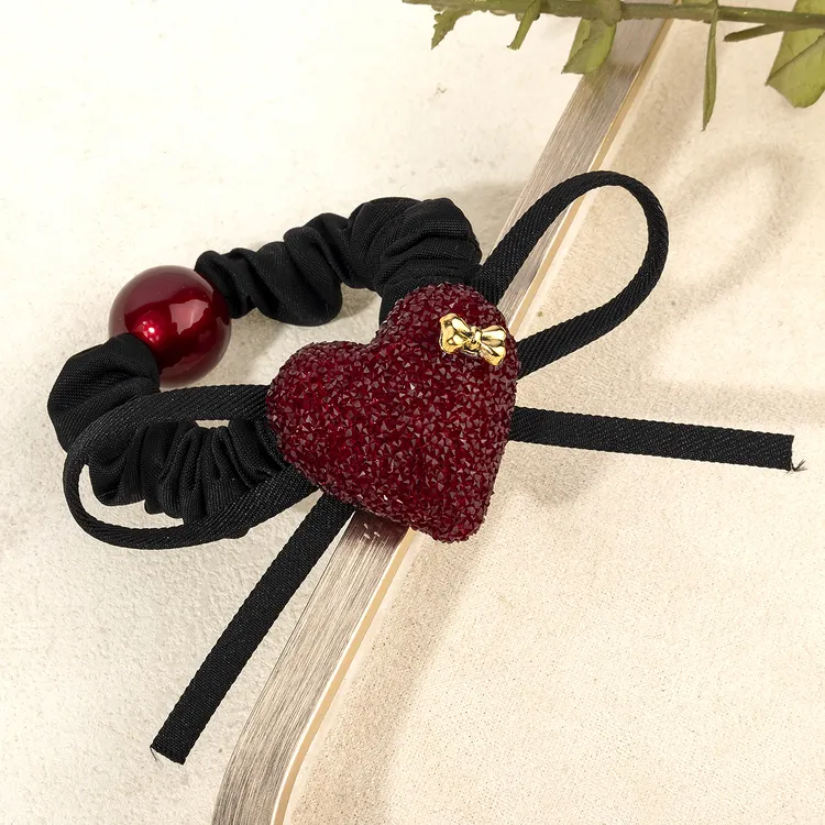 高端韩版爱心闪钻红色珍珠大肠发圈扎发头绳丸子头马尾皮筋高弹力