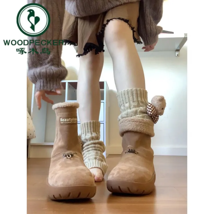啄木鸟两穿厚底雪地靴女2025冬新款复古加绒加厚保暖防滑毛毛短靴