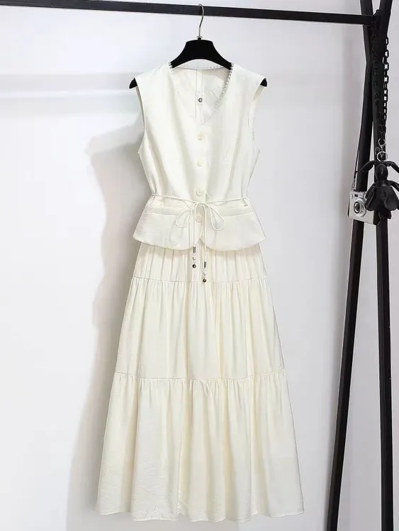 616#【浅浅专属】夏季新款时尚套装V领无袖上衣+半身裙显瘦两件套