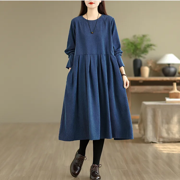 清仓捡漏~文艺灯芯绒纯色压褶长袖连衣裙女秋季大码宽松显瘦长裙