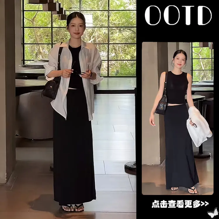 夏季流行穿搭一整套女2025新款韩版白色衬衫背心高腰半身裙三件套