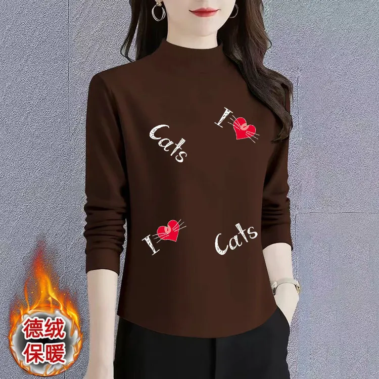 2026新款冬季保暖女士德绒印花长袖T恤宽松洋气半高领韩版上衣ins