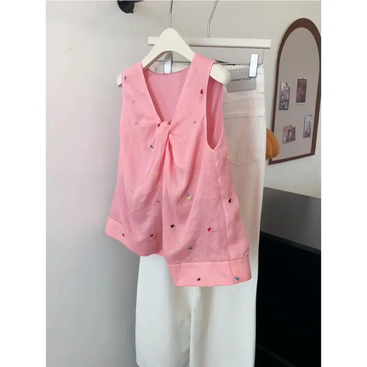 法式气质V领无袖背心女夏季甜美新款时尚内搭外穿宽松显瘦上衣潮