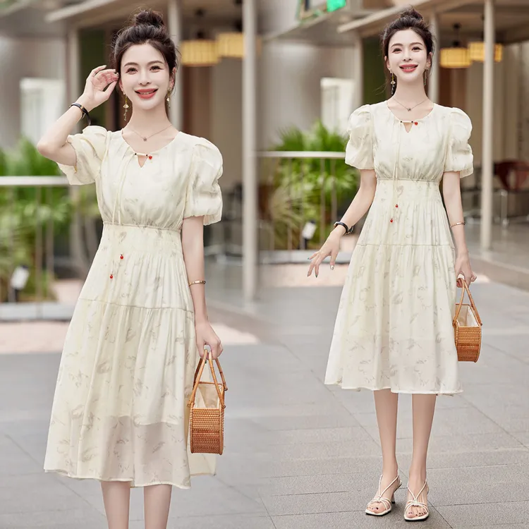 连衣裙女装2025年夏季夏天衣服新款时尚气质收腰印花中长款连衣裙