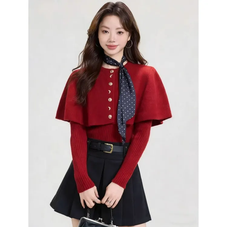 韩系圣诞穿搭红色斗篷毛衣两件套女秋冬新款慵懒高级气质针织上衣