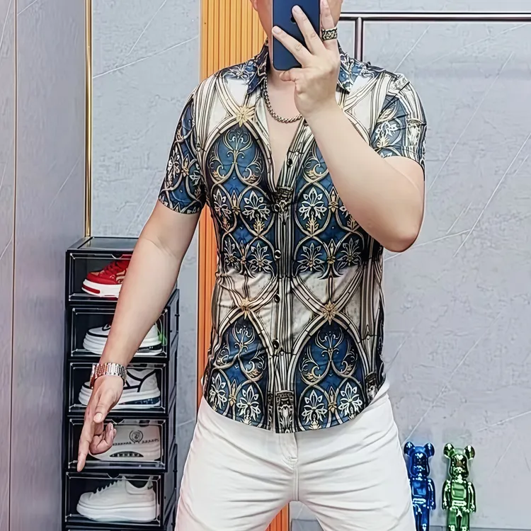 阿伟家男士夏季短袖衬衫潮流对襟帅气翻领薄款修身印花短袖上衣