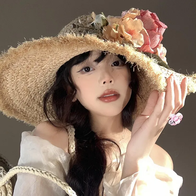 帽子女夏季新款法式拉菲草大帽檐遮阳帽春夏帽海边度假太阳帽
