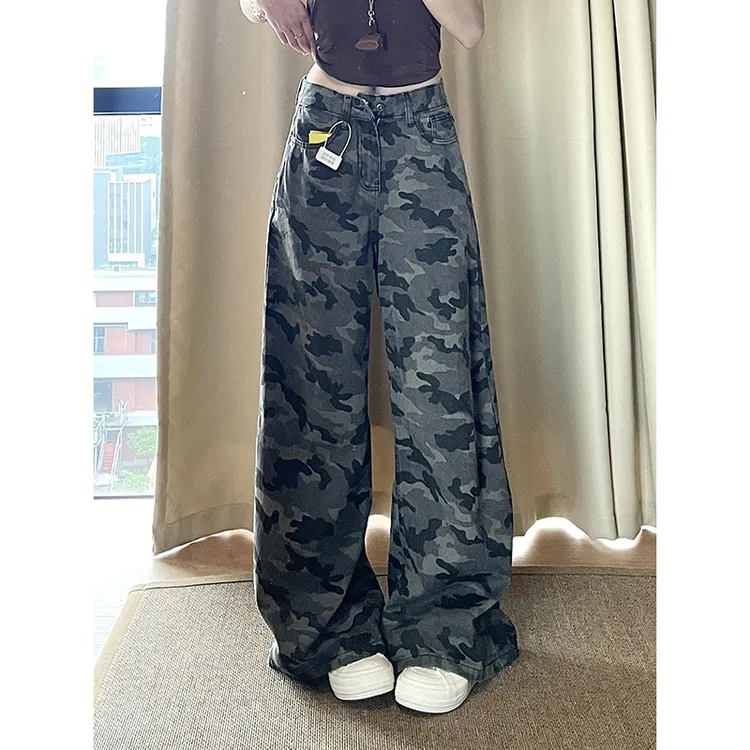 美式工装阔腿迷彩牛仔裤女夏季复古高街宽松垂感高腰慵懒拖地裤子