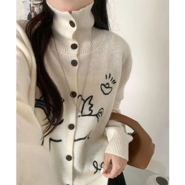 马到成功全羊毛半高领提花开衫外套毛衣秋冬显瘦打底百搭年服上衣