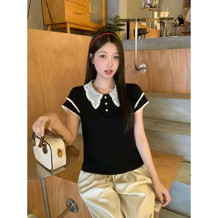 学院风甜美蕾丝拼接短袖T恤女夏季新款大码胖mm修身显瘦气质上衣