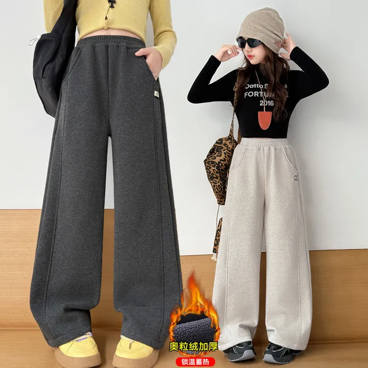 女童加绒裤子秋冬2025新款儿童休闲直筒一体绒大童冬季加厚阔腿裤