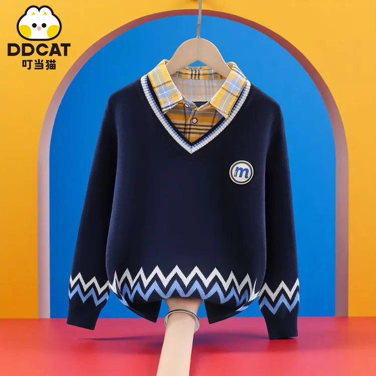叮当猫男童毛衣假两件纯棉秋冬新款中大童帅气宝宝宽松儿童针织衫