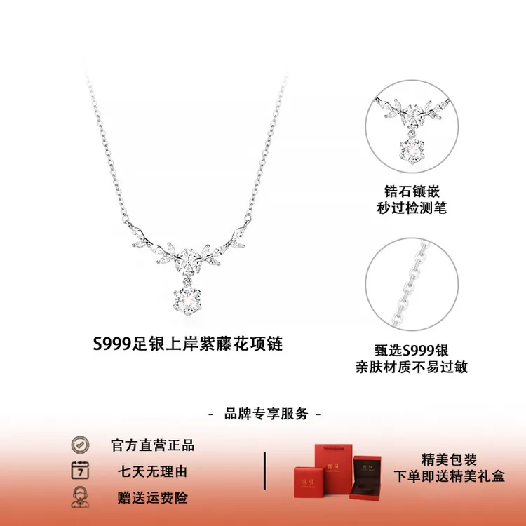 坠链均足银锆石 【银枝曳】喜芽小众甜美ins礼物S999足银紫藤花项链