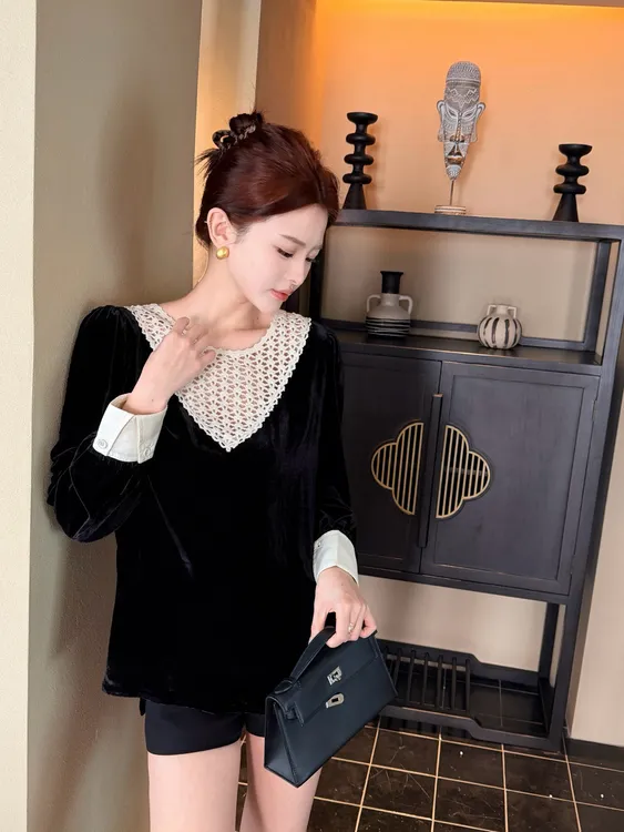 V领编织立体绣花100%桑蚕丝真丝丝绒上衣