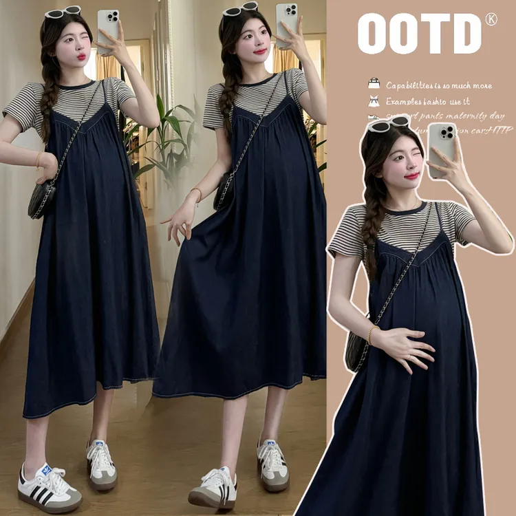 孕妇装连衣裙2025新款夏装宽松短袖条纹T恤+牛仔吊带裙潮妈两件套