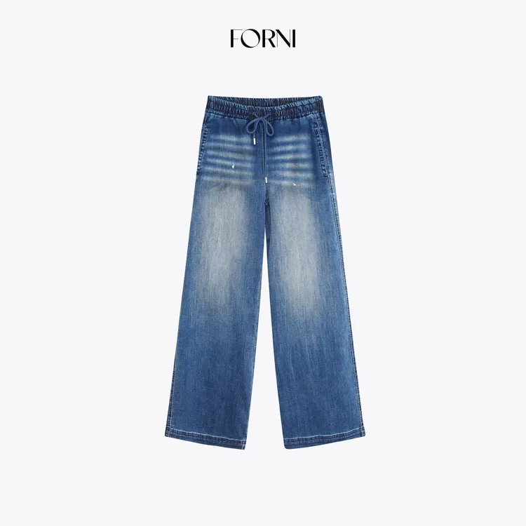 FORNI 千禧sweet 美式复古做旧洗水松紧腰直筒牛仔长裤