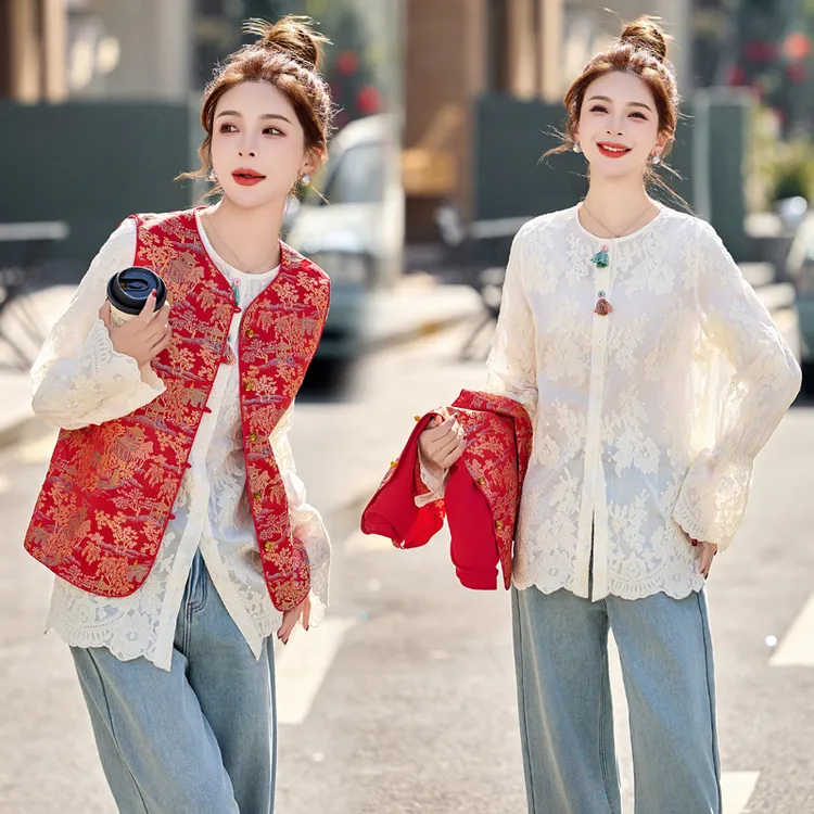 新中式国风复古温柔风蕾丝衬衫提花马甲两件套套装2025早春新款