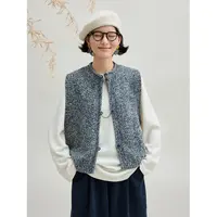 麻霖冬装新品100%绵羊毛花纱手工扣圆领卷边背心马甲开衫