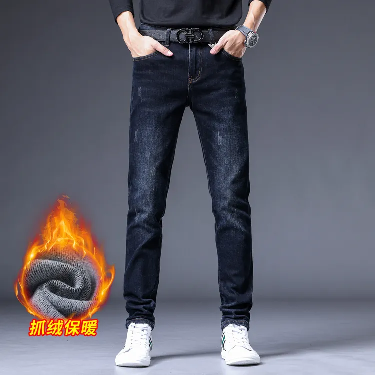 冬季时尚潮流蓝色男士牛仔裤抓绒弹力修身小脚高端百搭保暖裤子男