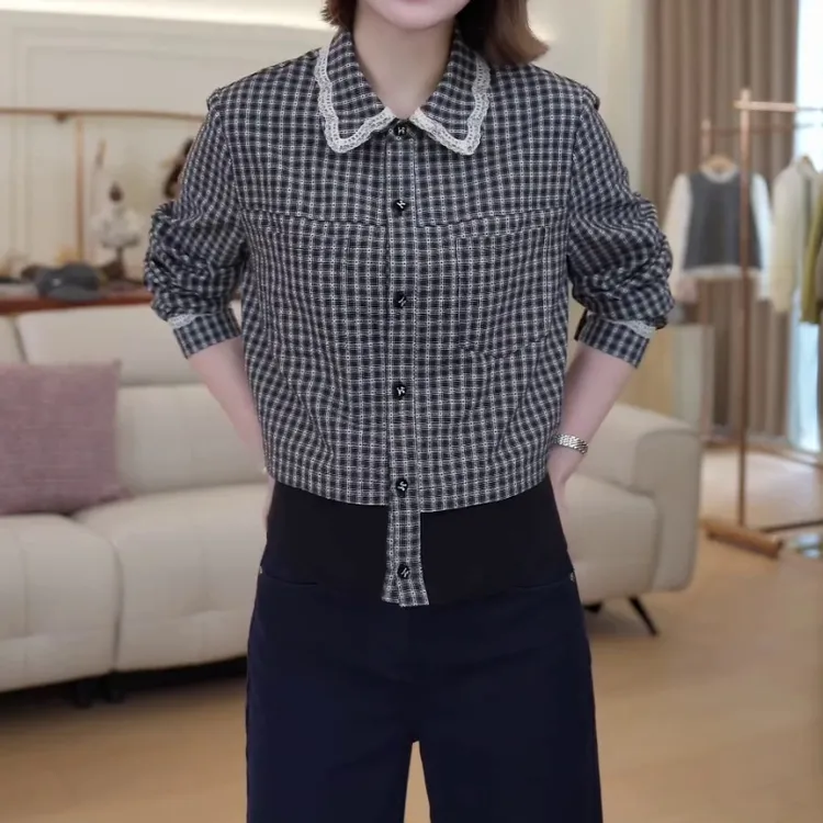 韩系甜美花边拼接翻领衬衫女2025秋冬新款假两件格子休闲显瘦上衣