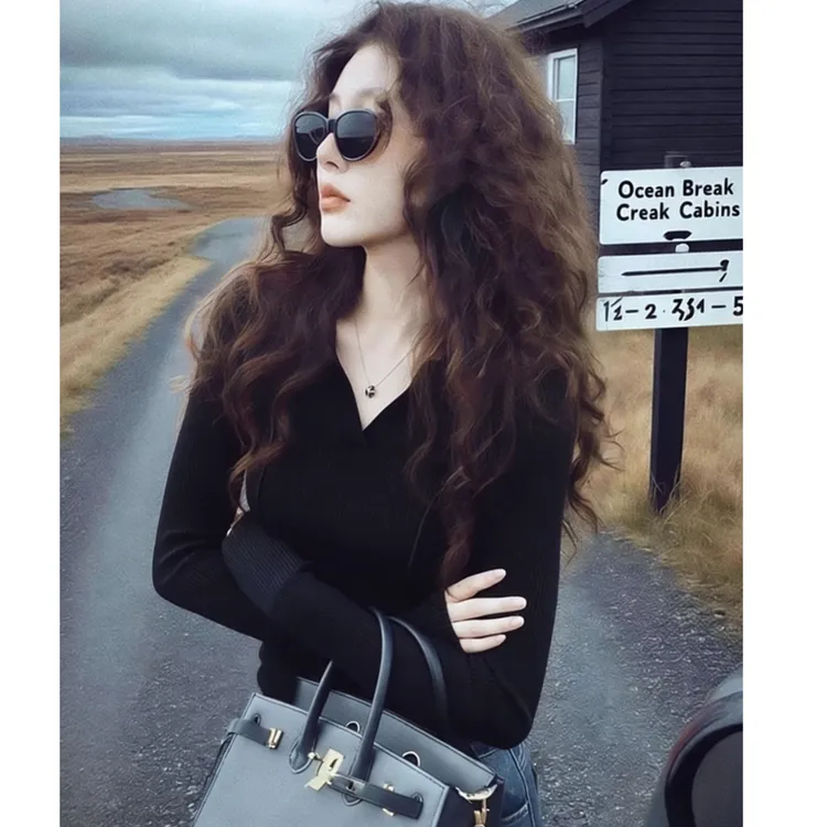 法式黑色polo衫翻领针织打底衫女秋冬高级感内搭毛衣气质长袖上衣